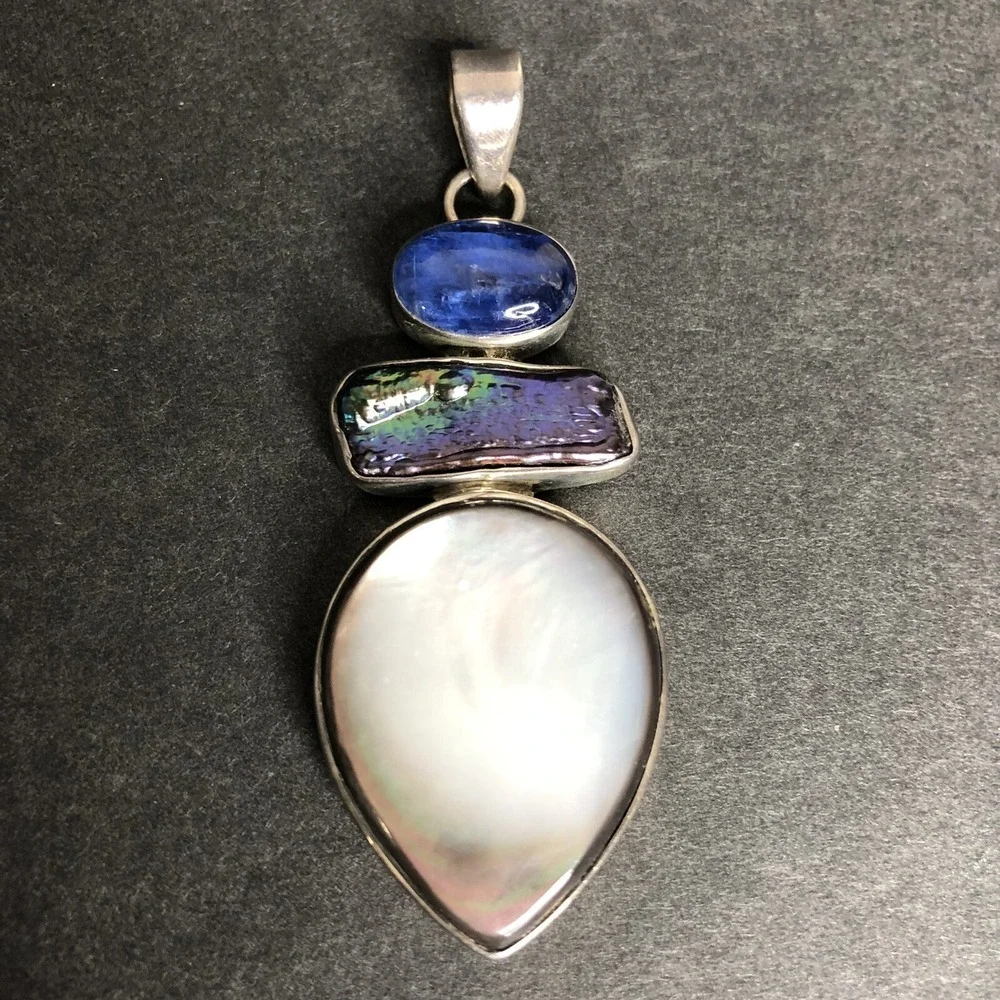 Vintage Mother of Pearl & Abalone Sterling Silver 925 Pendant Statement Necklace